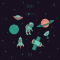 Hand drawn vector space elements: cosmonaut, satelites, rocket Royalty Free Stock Photo