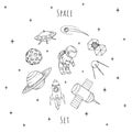 Hand drawn vector space elements: cosmonaut, satelites, rocket, planet, moon, falling star and UFO. Royalty Free Stock Photo