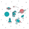 Hand drawn vector space elements: cosmonaut, satelites, rocket, Royalty Free Stock Photo