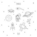 Hand drawn vector space elements: cosmonaut, satelites, rocket, planets, falling star and UFO. Cosmos set Royalty Free Stock Photo