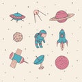 Hand drawn vector space elements: cosmonaut, satellites, rocket, planets, moon and UFO.