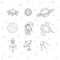 Hand drawn vector space elements outline: cosmonaut, satellites, Royalty Free Stock Photo