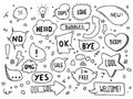 Hand drawn vector speech bubbles with hi, hello, thank you and many more in doodle style with cute arrows, hearts and
