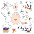 Hand drawn vector stickers set with sewing and embroidery tools and objects. Threads, pins, needles, scissors, wool, needle box. Royalty Free Stock Photo