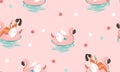 Hand drawn vector stock abstract cute summer time cartoon illustrations seamless pattern with unicornand flamingo