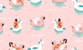 Hand drawn vector stock abstract cute summer time cartoon illustrations seamless pattern with unicornand flamingo
