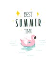 Hand drawn vector stock abstract graphic illustration with a flamingo swimming rubber float ring and Best summer time