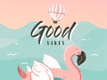 Hand drawn vector stock abstract graphic illustration with a flamingo swimming, rubber float ring in ocean waves