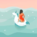 Hand drawn vector stock abstract graphic illustration with a girl in a swimsuit swimming with a unicorn rubber ring