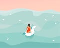 Hand drawn vector stock abstract graphic illustration with a girl in a swimsuit swimming with a unicorn rubber ring