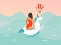 Hand drawn vector stock abstract graphic illustration with a girl in a swimsuit swimming with a unicorn rubber ring