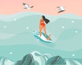 Hand drawn vector stock abstract graphic illustration with a surfer girl surfing with a dog and seagulls isolated on