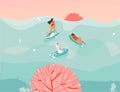 Hand drawn vector stock abstract graphic illustration with a swimming surfer girls in ocean waves landscape and sundown Royalty Free Stock Photo