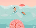 Hand drawn vector stock abstract graphic illustration with a swimming surfer girls in ocean waves landscape and sundown Royalty Free Stock Photo