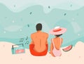 Hand drawn vector stock abstract graphic picnic illustration with a sunbathing sitting couple music boombox in ocean