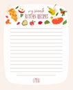 Hand drawn vector template for cooking book, lined paper for recipes. Autumn mood cute doodle illustration with pumpkin, mushroom.