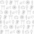 Hand drawn vector travel to asia seamless pattern containing different oriental elements contours Royalty Free Stock Photo