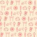 Hand drawn vector travel to asia seamless pattern containing oriental elements red contours. Ornament on the beige background.