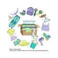 A hand-drawn vector of various clothes for donations. Charity day and social aid concept. Second hand, flea market Royalty Free Stock Photo