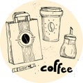 Hand drawn vector vintage illustration - coffee set. Royalty Free Stock Photo