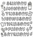 Hand drawn vector weekdays and elements for notebook, diary, calendar, schedule, sticker, bullet journal, and planner. Cute doodle Royalty Free Stock Photo