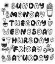 Hand drawn vector weekdays and elements for notebook, diary, calendar, schedule, sticker, bullet journal, and planner. Cute doodle