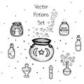 Hand drawn vector witchy bottles. Black outline.