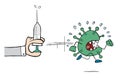 Hand drawn vector of Wuhan corona virus, covid-19. Corona virus escapes syringe medicine