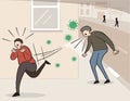 Hand drawn vector of Wuhan corona virus, covid-19. Man sneezing or coughing in the street and other man scared and running away