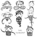 Hand Drawn vector zen Beard Set with funny faces and text hey, handsome Royalty Free Stock Photo