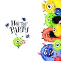 Hand drawn vertical frame with watercolor funny monster heads. Celebration illustration. Cartoon horror party. Funny