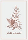 Hand drawn vertical Merry Christmas and Happy New Year greeting card with conifer cones and juniper branches. Vintage vector