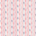 Hand-Drawn Vertical Nautical Zeppelin Bend Knots and Ropes Stripes Vector Seamless Pattern. Blue, Red Marine Background