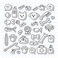 Hand drawn vet icons. Pet shop or store concept. Caring for animals dogs, cats. Pets stuff and supply set. Stickers Royalty Free Stock Photo