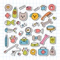 Hand drawn vet icons. Pet shop or store concept. Caring for animals dogs, cats. Pets stuff and supply set. Stickers Royalty Free Stock Photo