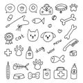 Hand drawn vet icons. Pet shop or store concept. Caring for animals dogs, cats. Pets stuff and supply set