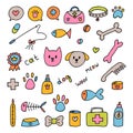 Hand drawn vet icons. Pet shop or store concept. Caring for animals dogs, cats. Pets stuff and supply set Royalty Free Stock Photo