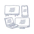 Hand drawn of Video quality with different media vector illustration