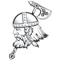 Hand drawn of a viking in a helmet. Scandinavian traditional weapons. Cartoon bearded man character. Viking tattoo.