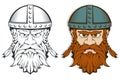 Hand drawn of a viking in a helmet. Scandinavian traditional weapons. Cartoon bearded man character. Viking tattoo. Traditional