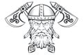 Hand drawn of a viking in a helmet. Scandinavian traditional weapons. Cartoon bearded man character. Viking tattoo. Traditional