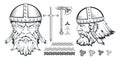 Hand drawn of a viking in a helmet. Scandinavian traditional weapons. Cartoon bearded man character. Viking tattoo. Traditional