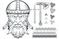 Hand drawn of a viking in a helmet. Scandinavian traditional weapons. Cartoon bearded man character. Viking tattoo. Traditional