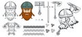 Hand drawn of a viking in a helmet. Scandinavian traditional weapons. Cartoon bearded man character. Viking tattoo. Traditional