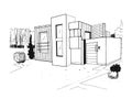 Hand drawn villa. modern private residential house. black and white sketch illustration.