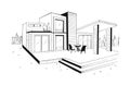 Hand drawn villa. modern private residential house. black and white sketch illustration.