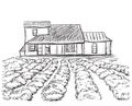 Hand drawn village houses sketch and nature Royalty Free Stock Photo