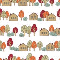 Hand drawn village houses and trees. Vector  pattern Royalty Free Stock Photo