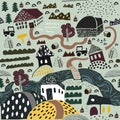 Hand drawn village illustration with houses,roads and fields. Agriculture landscape. Royalty Free Stock Photo