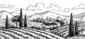 Hand drawn vineyard landscape. Royalty Free Stock Photo